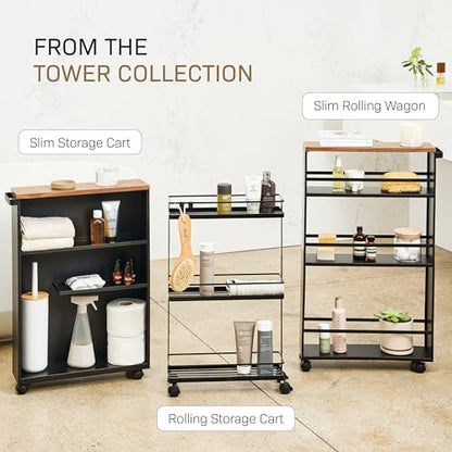 YAMAZAKI Home Slim Rolling Storage Cart – Narrow Bathroom Storage Cabinet with Handle, Slim Bathroom Storage Cart with Wheels, Easy Assembly, Steel + Wood, Black - color: Black