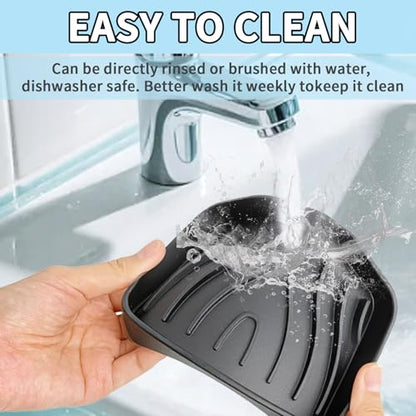 2 Pack Silicone Soap Dish with Drain, Self Draining Bar Soap Holder for Shower, Silicone Dish Soap Tray, Bathroom and Kitchen Sink Organizer, Black - color: Black