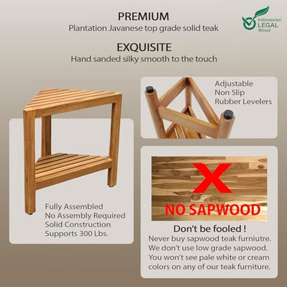 Asta Aris Solid Teak Indoor Outdoor Shower/Bath/Spa Corner Stool with Shelf, Fully Assembled, TB-011A