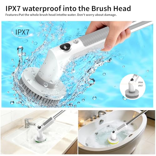 Electric Spin Scrubber Cordless IPX7 Waterproof Electric Scrubber | Cleaning Brush Bathroom Scrubber with 6 Brush Heads, Extendable Long Handle Power Scrubber for Bathtub Floor