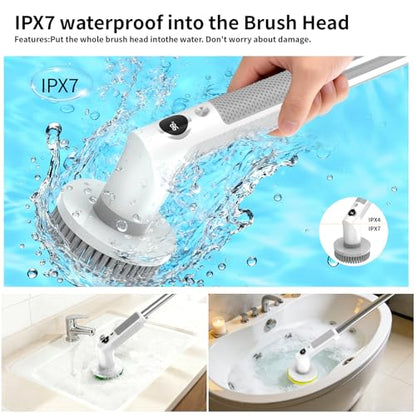 Electric Spin Scrubber Cordless IPX7 Waterproof Electric Scrubber | Cleaning Brush Bathroom Scrubber with 6 Brush Heads, Extendable Long Handle Power Scrubber for Bathtub Floor