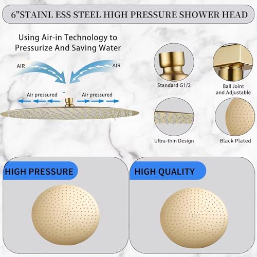 Round 6 Inch Stainless Steel Shower Head High Pressure Rainall Shower Head Brushed Gold Ultra Thin Design-Best Pressure Boosting with Silicone Nozzle Easy to Install - color: Brushed Gold, size: Round