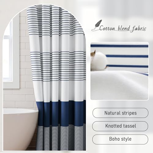 Navy Blue Coastal Ocean Cotton Striped Shower Curtain with Tassel 60W X 72L | Boho Farmhouse Shower Curtains for Bathroom with Soft Cotton Feel - color: Navy Blue, size: 60"W x 72"L