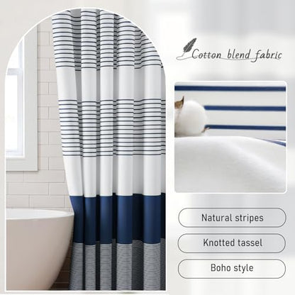 Navy Blue Coastal Ocean Cotton Striped Shower Curtain with Tassel 60W X 72L | Boho Farmhouse Shower Curtains for Bathroom with Soft Cotton Feel - color: Navy Blue, size: 60"W x 72"L