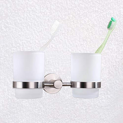 Double Toothbrush Holder, Angle Simple SUS304 Stainless Steel Wall Mounted Glass Tumbler Holder with Frosted Glass Cup Toothpaste Razor Organizer Bathroom Storage, Brushed Nickel - color: Brushed Steel