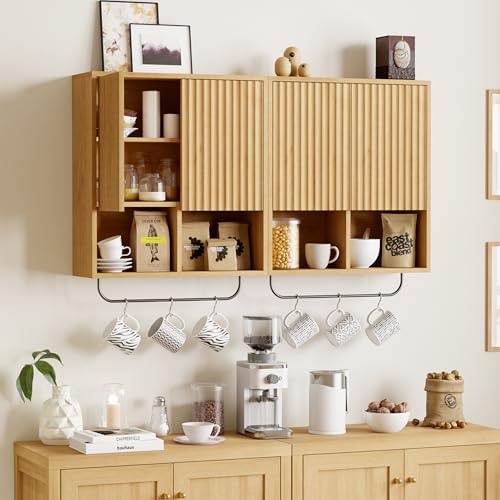 Fluted Wall Cabinets with Doors and Shelves Set of 2, Modern Medicine Cabinet Bathroom Adjustable Shelf Towel Rack Wood Storage Cabinet for Kitchen Dining Room Living Room, Natural Oak - color: Natual Oak, size: 2PCS