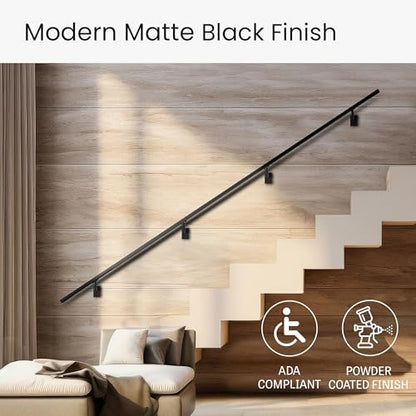 Modern Aluminum Handrail Complete DIY Kit – Matte Black with Adjustable Wall Mount Brackets Included (3' Length) - size: 3' length