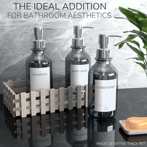 Stylish Shampoo and Conditioner Dispenser Wall Mount Set of 3 - No Drill 16oz Shower Soap Dispenser Wall Mounted 3 Chamber with 6 Labels, Easy to Refill Shampoo Dispenser for Shower Wall - Clear - color: Clear