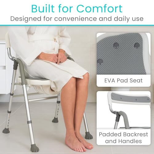 Vive Shower Chair for Elderly & Disabled - Handicap Bath Chair with Arms & U-Shape - Foldable, Adjustable Height - Padded Soaking w/Back & Drain Hole - Portable, Non-Slip, Safe Disability Aid | U-Shape - Foldable, Adjustable Height - Padded Soaking w/Back