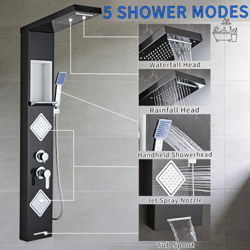 Shower Panel Tower System with Storage- Brushed Black | 304 Stainless Steel 5-Function Shower Panel Faucet Set with Powerful Body Jets, Rainfall, Waterfall,Handheld and Tub Spout - color: Brushed Black