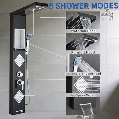 Shower Panel Tower System with Storage- Brushed Black | 304 Stainless Steel 5-Function Shower Panel Faucet Set with Powerful Body Jets, Rainfall, Waterfall,Handheld and Tub Spout - color: Brushed Black