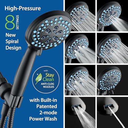 AquaCare New 8-mode High Pressure Handheld Shower Head w/ 2-way Power Wash | Stay Clean Nozzles, Dual Power Wash for Tub, Tile & Pets, Long 6 ft. Stainless Steel Hose, Wall & Overhead Brackets / Black - color: Black