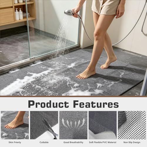 58x44 Extra Large Shower Mat, Non Slip Shower Mats for Inside Shower, Bathtub Mat Non Slip, Soft PVC Loofah Anti Slip Shower Stall Mat for Bathroom & Wet Area, Quick Drying, Grey - color: Gray