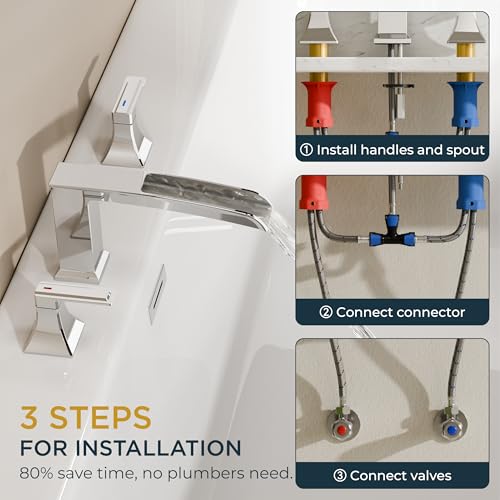 FORIOUS Roman Bathtub Faucet 3 Hole Deck Mount with 2 Handle Chrome | Tub Faucet for 3-Hole Set, 6-12" Centered Distance, Widespread Garden Bath Tub, Waterfall Spout, High Flow, Brass - color: Chrome