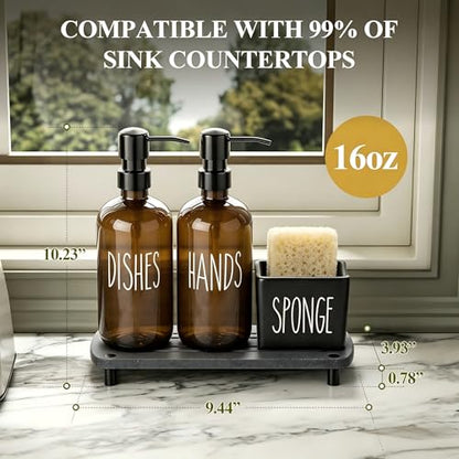 Cisily Amber Kitchen Soap Dispenser Set with Ceramics Sponge Holder | Black Metal Pump Head, Quick-Drying Soil Plate - color: Brown Bottle+black Pump + Black Sponge Holder