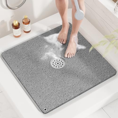 HITSLAM Square Loofah Shower Mat, 24x24 Inch Non Slip Bath Mat, Grey | Cushioned PVC Bathtub Mat Without Suction Cups, Quick Drying With Middle Drain Hole, Hanging Holes For Easy Storage - color: Grey, size: 24" x 24" (Square)