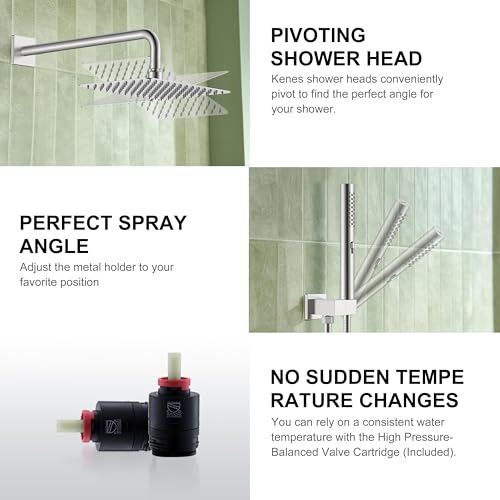 KENES Brushed Nickel Square Rain Shower System Faucet Set with Handheld | Shower Faucet with 10-Inch Rain Shower Head, Square Shower System, Valve Included, Lead-Free cUPC & NSF Certified, Stainless - color: Brushed Nickel, style: Showerhead and Handheld