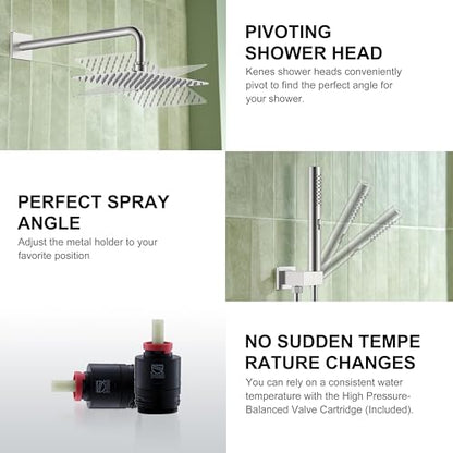 KENES Brushed Nickel Square Rain Shower System Faucet Set with Handheld | Shower Faucet with 10-Inch Rain Shower Head, Square Shower System, Valve Included, Lead-Free cUPC & NSF Certified, Stainless - color: Brushed Nickel, style: Showerhead and Handheld