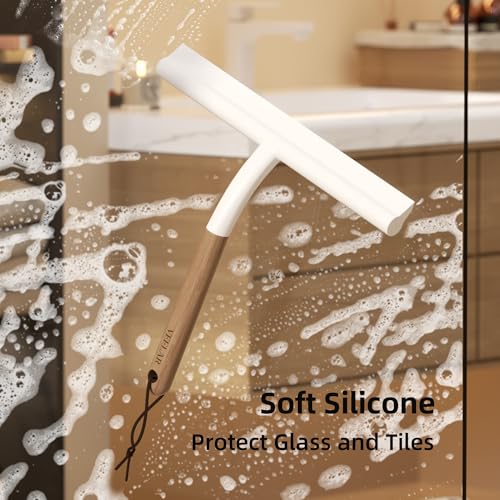Shower Squeegee for Shower Glass, Bathroom Glass Cleaning Tool with Hook Mount, Squeegee for Glass Doors, Window Cleaning, Tile Shower Walls (White+Wood) - color: White+wood