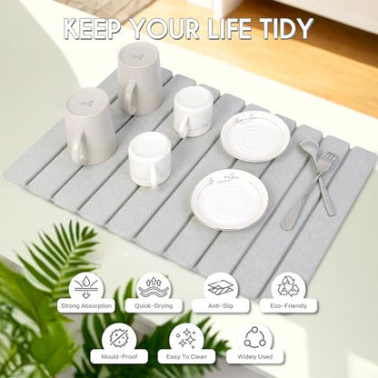 BoxedHome Large Stone Dish Drying Mat for Kitchen Counter, Foldable Diatomaceous Earth Water Absorbing Mat, Bottles Cups 24"(L) 16"(W), Light Gray - color: Light Grey