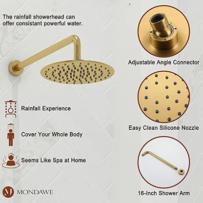 MONDAWE 9 Inch Wall Mounted Shower Faucet Set with Tub Spout in Brushed Gold, Rainfall Shower Head with 3-Setting Handheld Spray Shower Combo, High Pressure Shower System with Solid Brass Valve - color: Brushed Gold, style: 9 IN - With Tub Spout