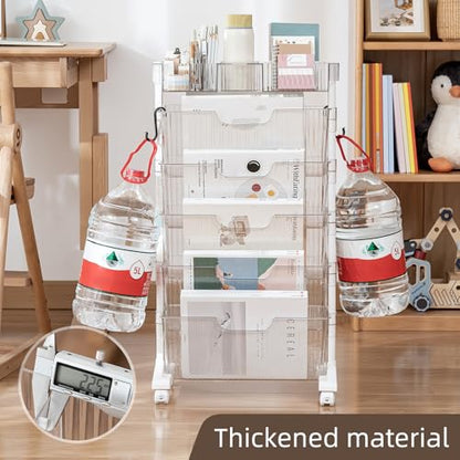 5 Tier Rolling Book Cart Multi-Functional Movable Storage Bookshelves | rolling bookshelf,Movable Storage Bookshelves with Lockable Wheels for Study Office Library Classroom, - color: Transparent White