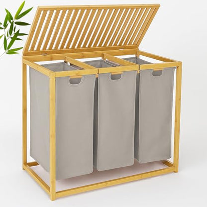 Bamboo Laundry Hamper 3 Section with Lid, 150 L Laundry Sorter with Pull-Out Removable Washable Bags, 3 × 12.5 Gal Divided Laundry Baskets for Laundry Room, Bathroom (Gray)