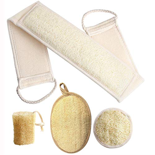 FEBSNOW Natural Loofah Body Scrubber 4Pcs Exfoliating Shower Bath Sponges | Natural Luffa Material, Women and Men Deep Clean Skincare, Exfoliating Back and Face Scrubber Pad