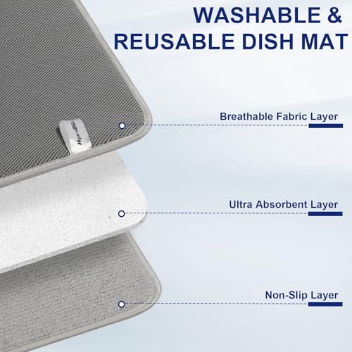 Large Dish Drying Mat 2 Pack, 23.8" x 17.3" Microfiber Ultra Absorbent Quick-Dry Dish Drying Mats for Kitchen Counter, Dish Rack Mat & Drying Pad for Countertops & Sinks, Machine Washable, Gray - size: Large