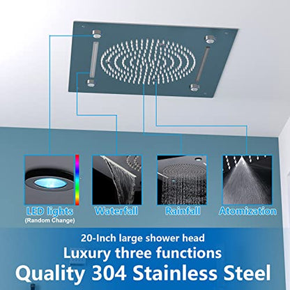 Enga 20 Inch Rain Shower System, LED Atomizing Rainfall Waterfall Large Horizontal Square Ceiling Shower Head with Remote Control Thermostatic Shower Faucet Set Flow Can Be Controlled, Chrome - color: Chrome, style: 20" Head (Rain + Mist+Waterfall) - Jets