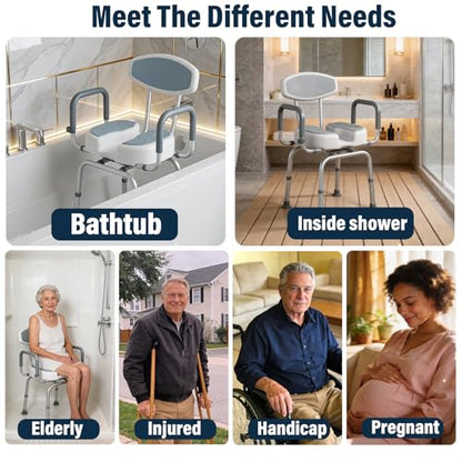 U Shaped Swivel Shower Chair with Arms & Back Support | 360° Rotating Bath Seat, Adjustable Width & Height, For Elderly Disabled Adults, 330 LBS Weight Capacity
