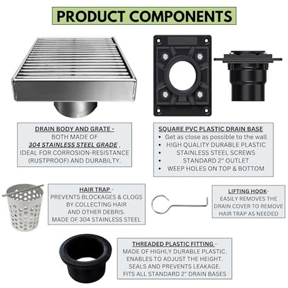 304 Stainless Steel 4 Inch Square Polished Chrome Shower Drain Kit with Base Linear Wedge for Tile Floor Drain Grate Cover Hair Catcher Trap (Polished Stainless Steel, Square PVC Plastic) - color: Polished Stainless Steel