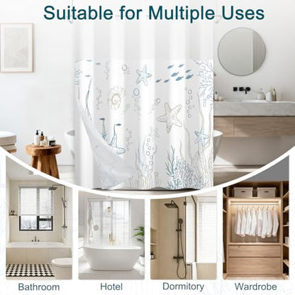 Coastal No Hook Shower Curtain with Snap in Liner, Double-Layer Waterproof Fabric Cloth Shower Curtains with Ventilation Window, Ocean Minimalist Undersea Starfish Blue Shower Curtain, 71x74 Inches - color: Dreamy Ocean World