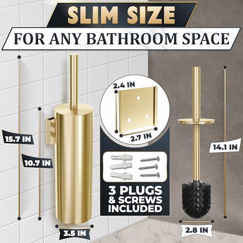 2Pcs Stainless Steel Toilet Brush and Holder Set, Hand Guard (Gold) | Toilet Bowl Brush and Holder, Removable Inner Bowl, Dense Bristles, Long Handle, Scratch Resistant, for Modern Bathrooms - color: Gold Wall-mounted