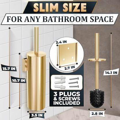 2Pcs Stainless Steel Toilet Brush and Holder Set, Hand Guard (Gold) | Toilet Bowl Brush and Holder, Removable Inner Bowl, Dense Bristles, Long Handle, Scratch Resistant, for Modern Bathrooms - color: Gold Wall-mounted
