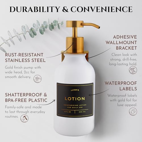 Shower Shampoo Dispenser Wall Mounted – Refillable 16.9 oz White Bottle with Stainless Steel Pump & No-Drill Adhesive Holder – Soap Dispenser for Bathroom (1 X White/Gold) - color: 1 X White/Gold