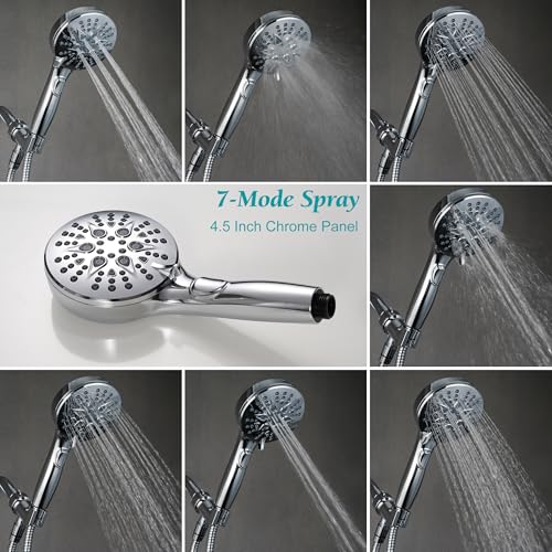GwernKB Handheld Shower Head with ON OFF Switch & 79in Stainless Steel Hose | Built-in Power Spray,7-Setting High Pressure Spray with Bracket & Extra No Drilling Wall Shower Holder for Lower Mount,Silver - color: Silver