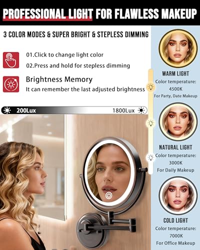 10" Brass Large Wall Mounted Makeup Mirror with Extension Arm Lighting | 3 Color LED Touch Dimming, 1/5X Double-Sided Magnifying Vanity for Bathroom, Hard Wired Oil Rubbed Bronze - color: Oil Rubbed Bronze