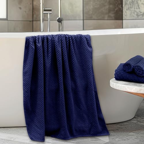 COTTON CRAFT Euro Spa Waffle Weave 6 Piece Towel Set - 100% Cotton - Navy | 2 Oversized Luxurious Large Bath Towels, 2 Hand Towels, 2 Washcloths - Soft Plush Super Absorbent Low Lint Quick Dry - color: Navy, size: 6 Piece Towel Set