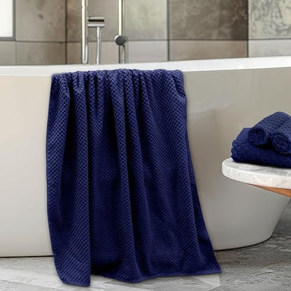 COTTON CRAFT Euro Spa Waffle Weave 6 Piece Towel Set - 100% Cotton - Navy | 2 Oversized Luxurious Large Bath Towels, 2 Hand Towels, 2 Washcloths - Soft Plush Super Absorbent Low Lint Quick Dry - color: Navy, size: 6 Piece Towel Set