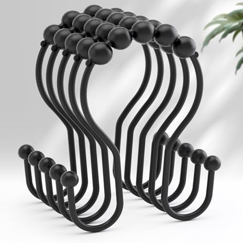 AmazerBath Shower Curtain Hooks Black Shower Curtain Rings, Metal Shower Curtain Hooks Rust Proof, Smooth Glide Double Shower Hooks Rings for Shower Curtain, Shower Rod Hooks 12Pcs - color: Black, style: Double Shower Hooks