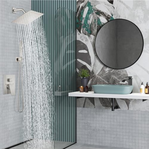 Midanya Shower Faucet Set with Handheld Sprayer,8 Inch,Brushed Nickel | Rough-in Shower Valve and Trim Kit Included,Square Rain Head,Wall Mount Shower System,All Metal,Bathroom - color: Nickel, size: 8 Inch