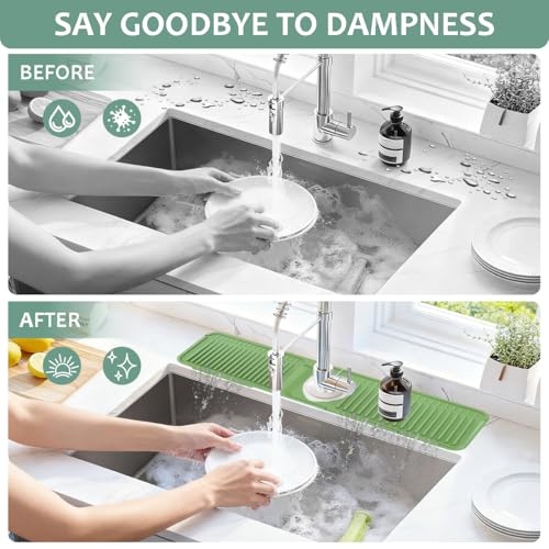 24 Inch Silicone Faucet Mat for Kitchen Sink Splash Guard Folding Faucet Mat with Button Lock Water Draining Pad for Kitchen Bathroom Bar(Green) - color: Green