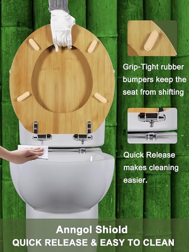 Angol Shiold ROUND Bamboo Toilet Seat Quick Release Soft Close 16.5Inch | Adjustable Zinc Alloy Strong Hinges, Light, Easy to Install & Clean, Up to 400 lbs (Round 16.5", Natural Bamboo) - color: Soft Close & Quick Release, size: Round -16.5"