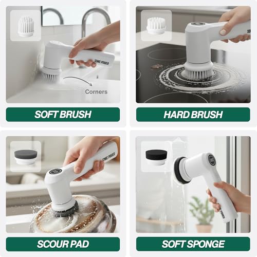 SonicPower Electric Spin Scrubber – Handheld & Ergonomic, IPX7 Waterproof, 4 Multi-Purpose Brush Heads, Long-Lasting Rechargeable Battery – Cleans Dishes, Bathroom, Tile, Grout & Kitchen (White) | Hard, Corner, Scour, Sponge - color: White