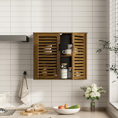 HITNET Medicine Cabinet, Bathroom Storage Cabinet Wall Mounted, Over the Toilet Space Saver Organizer with Doors and Bamboo Shelves, Walnut - color: Walnut