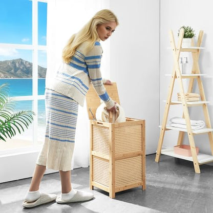 TIOPGHAD Bamboo Wicker Laundry Hamper with Lid, 13 Gal, Natural | Woven wicker, bamboo frame, removable cloth bag, wooden handles, lidded rectangular design, 13.8 x 12.6 x 23.6 in
