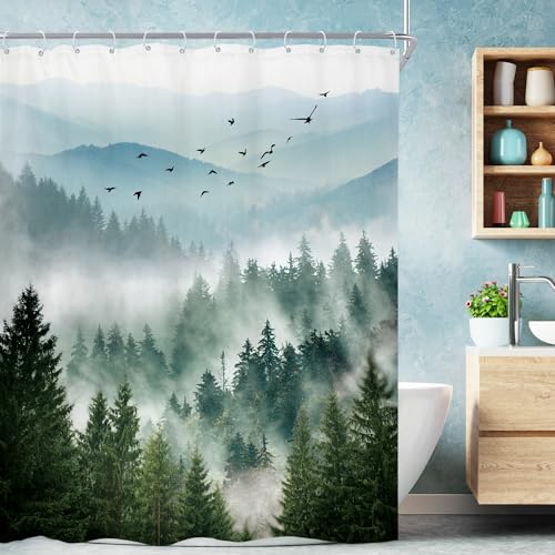 Green Rustic Mountain Scenery Pine Tree Bathroom Shower Curtain Set | 54"W x 78"L shower curtain， Greenery Landscape: HD waterproof print, quick-dry cloth, free hooks for easy installation. - color: A-01green, size: 54"W x 78"L (Pack of 1)