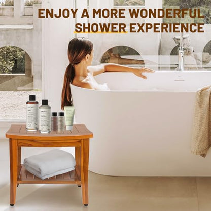 20" Premium Teak Shower Bench with Shelf & Handle, Solid Teak Shower Stool, Durable Wooden Waterproof Seat for Inside Shower, Teak Wood Bench for Bathroom, Indoor & Outdoor Use - size: 20" W x 13.5" Dx 18" H
