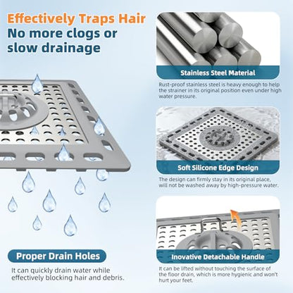 Hibbent Upgraded Shower Drain Hair Catcher for Bathroom Floor 4" Drain, Anti-Clogging Shower Drain Cover, Stainless Steel & Silicone Drain Strainer with Handle, Shower Drain Protector, Grey - color: 4' Light Grey